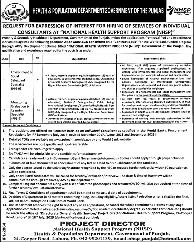 Health & Population Department Lahore Tender Notice